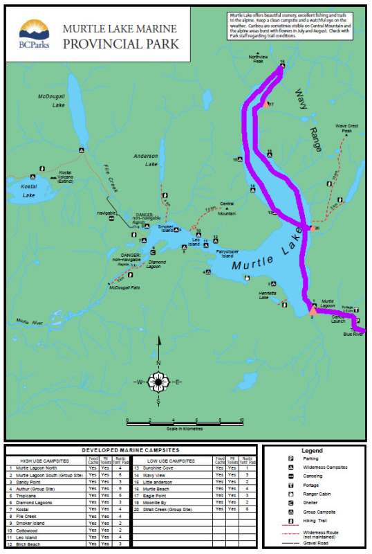 Our route and campsites: Night 1: Site 2 Murtle Lagoon South. Plenty of sites. Night 2: Site 17, Eagle Point. Beautiful beach. Great fishing! Night 3: Site 20, Strait Creek. Pretty crowded!